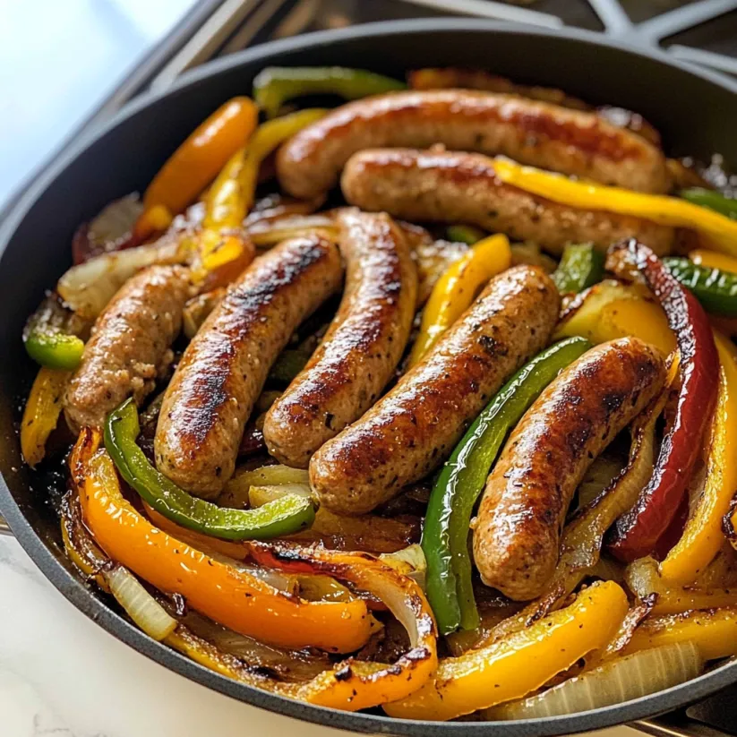A pan of sausage, peppers and onions.