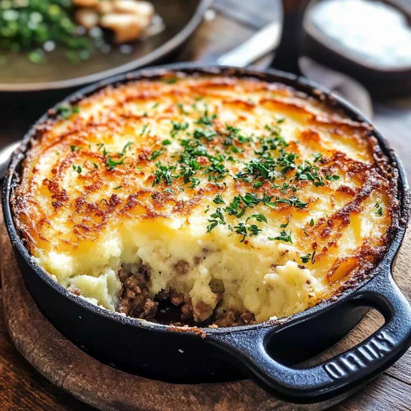 A skillet shepherd's pie with a wooden spoon in it.