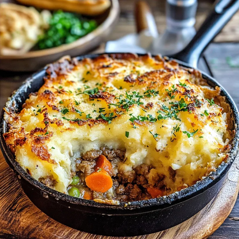 A skillet shepherd's pie with carrots and meat.