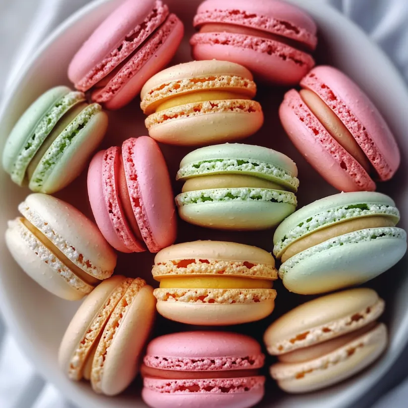 A bowl of macarons with different colors.