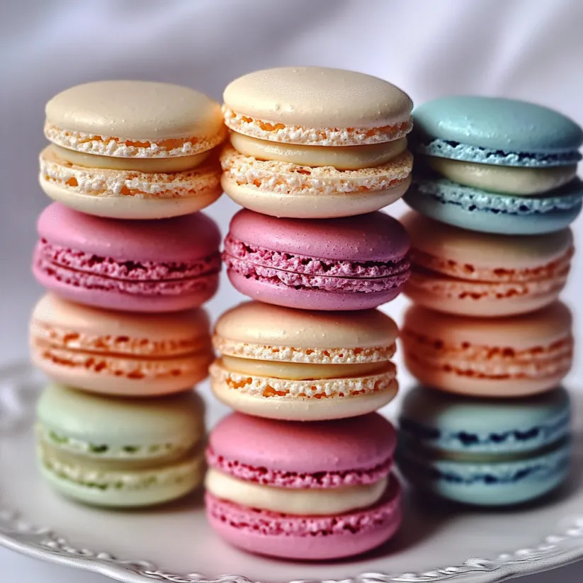 A stack of macarons on a plate.