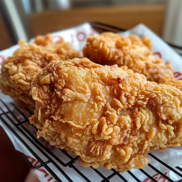 A piece of fried chicken on a tray.