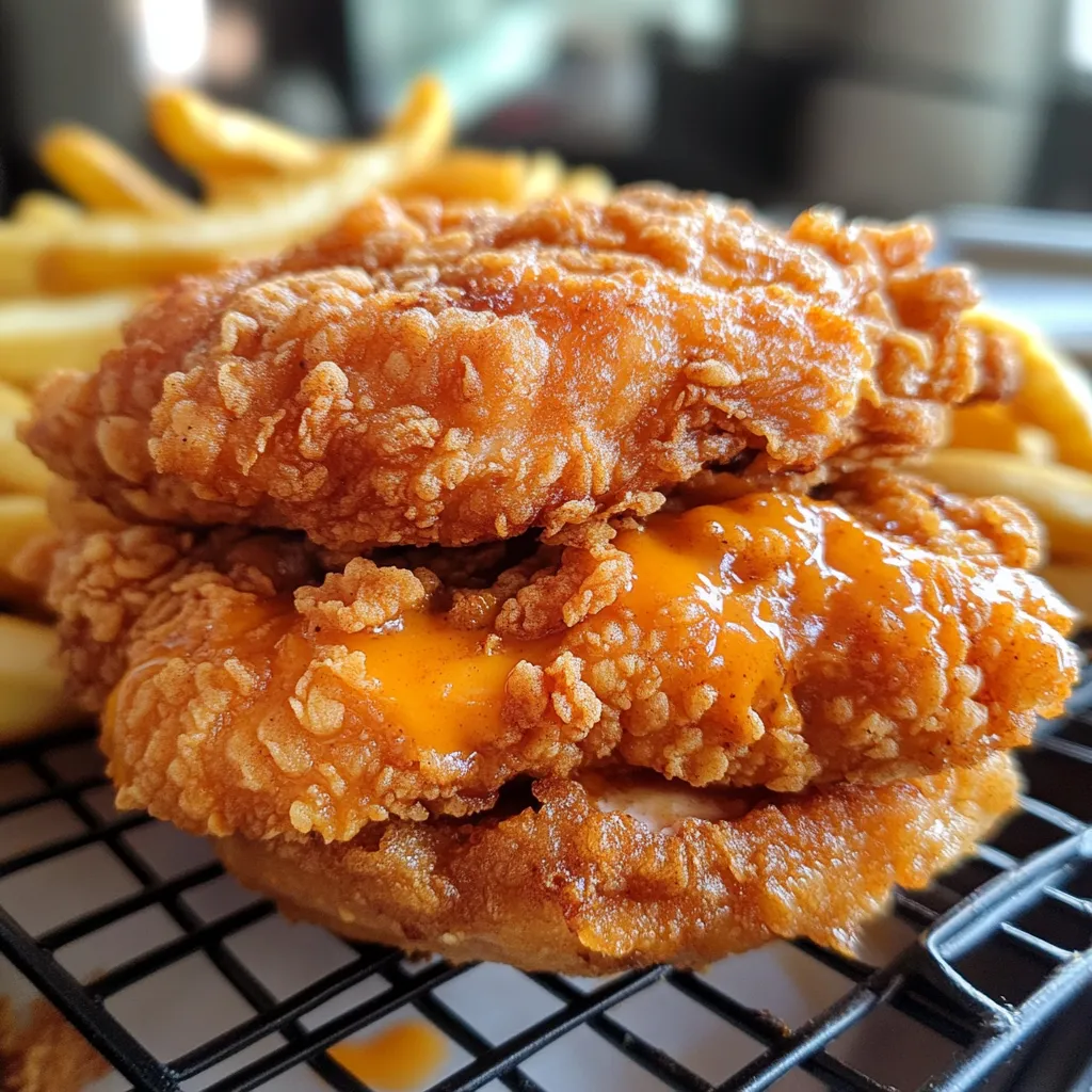 A piece of fried chicken with cheese on top.