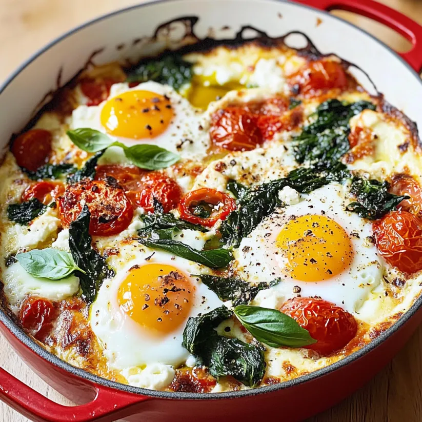 A dish of baked eggs with spinach, tomatoes, ricotta and basil.