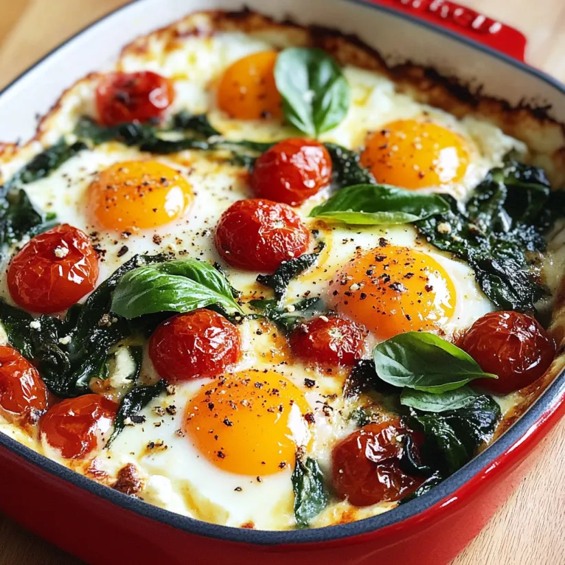 A dish of baked eggs with spinach, tomatoes, ricotta and basil.