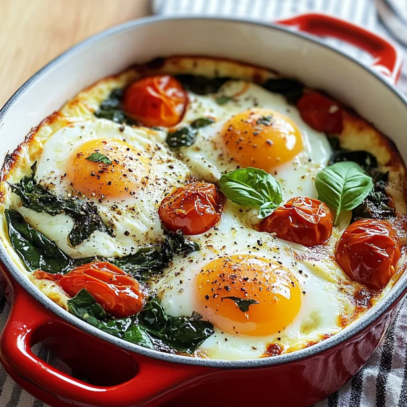 A dish of baked eggs with spinach, tomatoes, ricotta and basil.