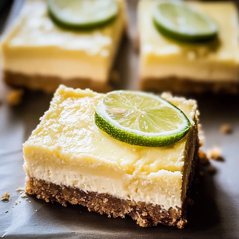 A slice of margarita cheesecake bars with a lime wedge on top.