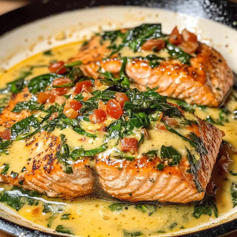 A dish of Tuscan Salmon with greens.