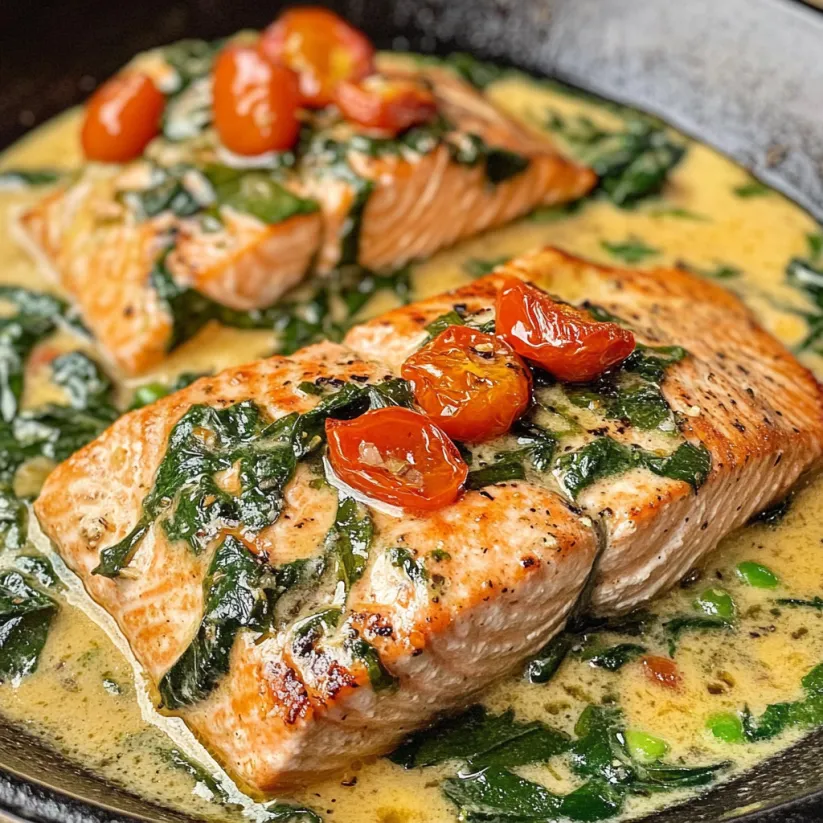 A dish of Tuscan Salmon with tomatoes and greens.