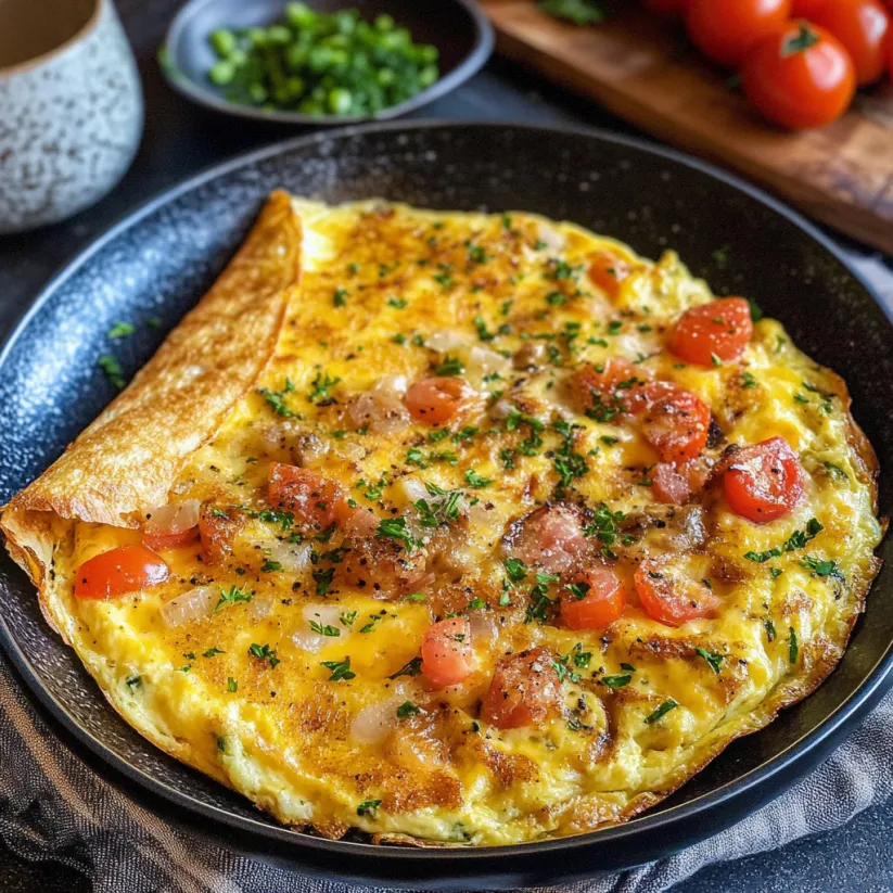 A Denver omelette with tomatoes and onions.