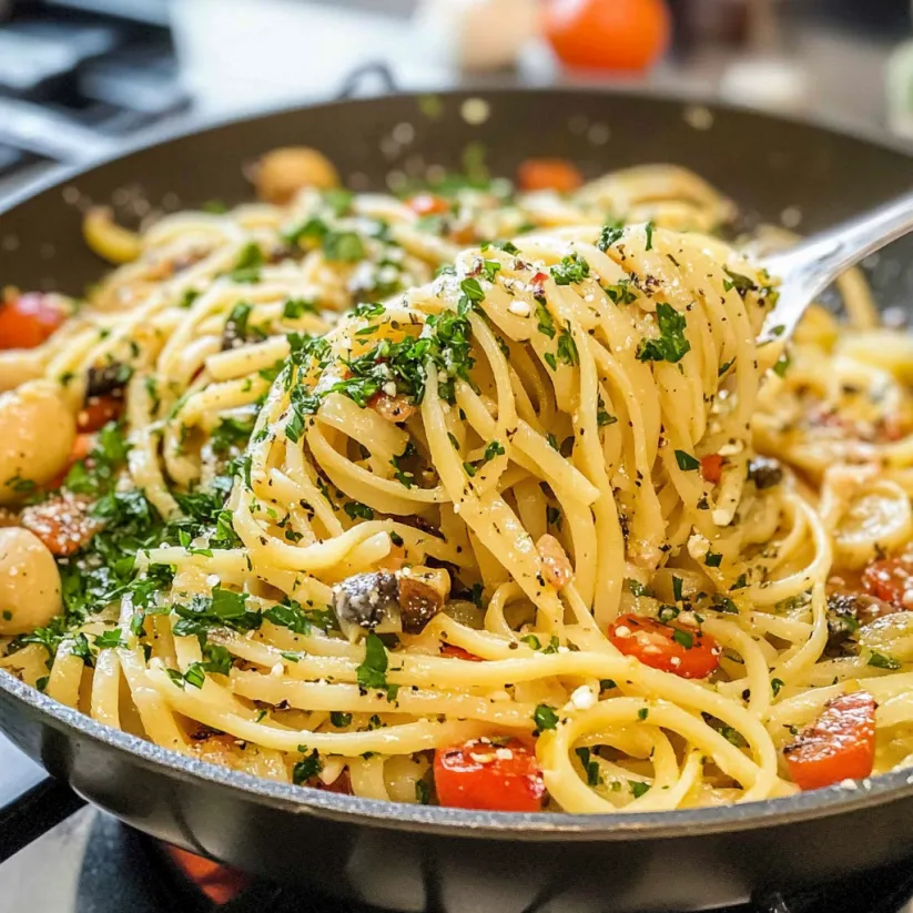 A bowl of pasta with tomatoes and basil.