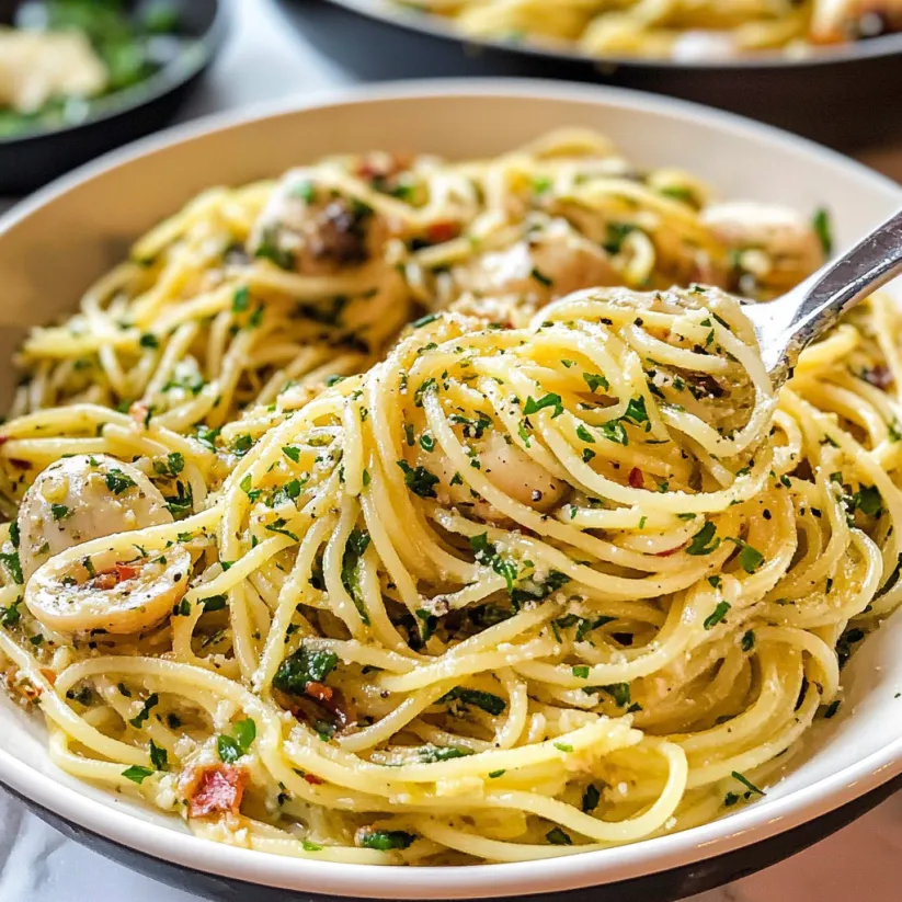 A bowl of pasta with tomatoes and herbs.