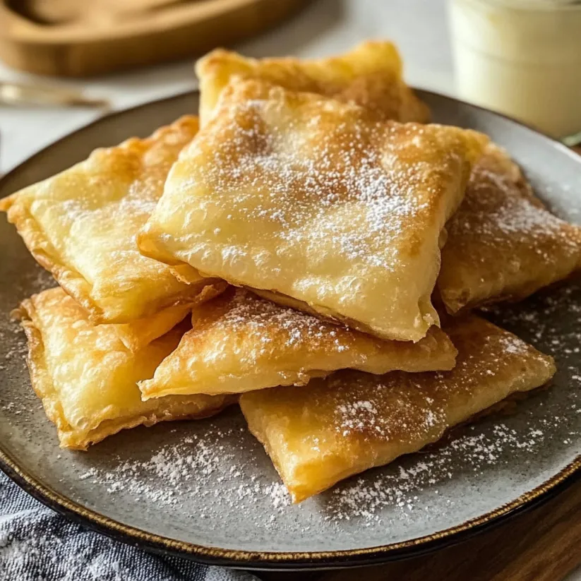 A plate of sopapillas with powdered sugar on top.