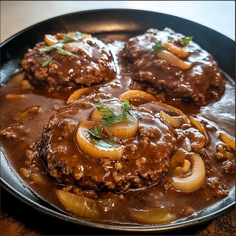 A plate of Salisbury steak with onions and mushrooms.