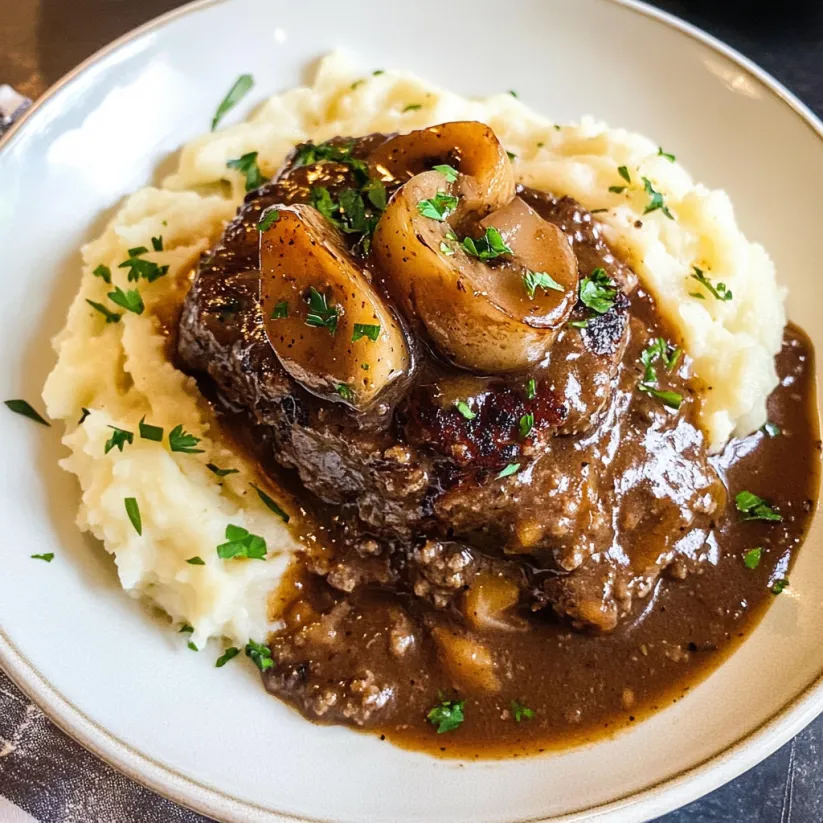 A plate of Salisbury steak with mushrooms on top.