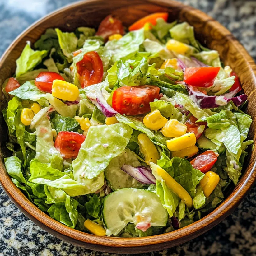 A bowl of salad with tomatoes, corn, and lettuce.