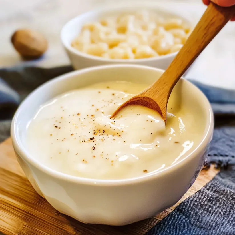 A wooden spoon is in a bowl of bechamel sauce.