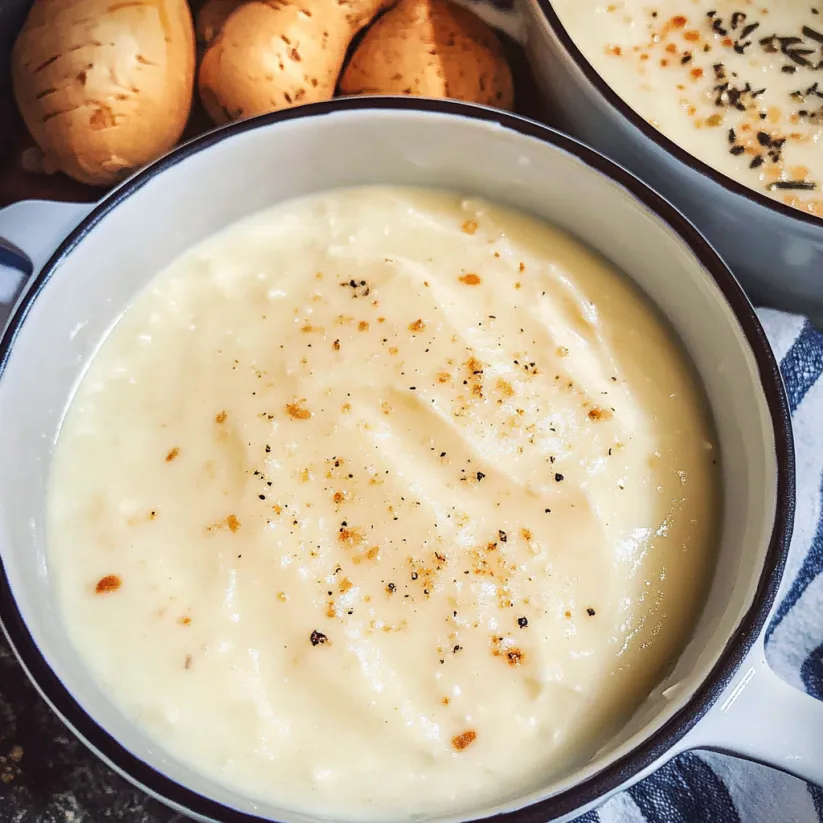 A bowl of bechamel sauce with a spoon in it.