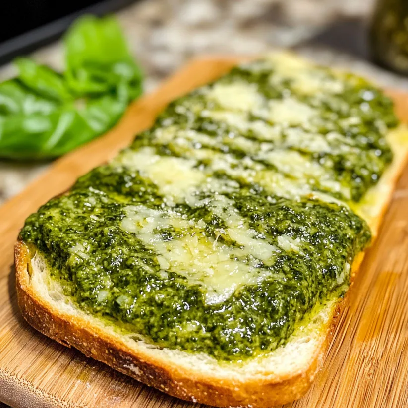 A slice of bread with pesto on it.