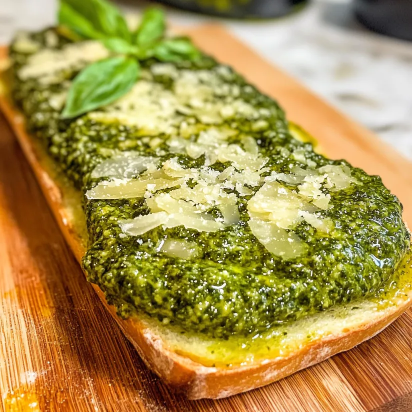 A slice of bread with pesto on it.