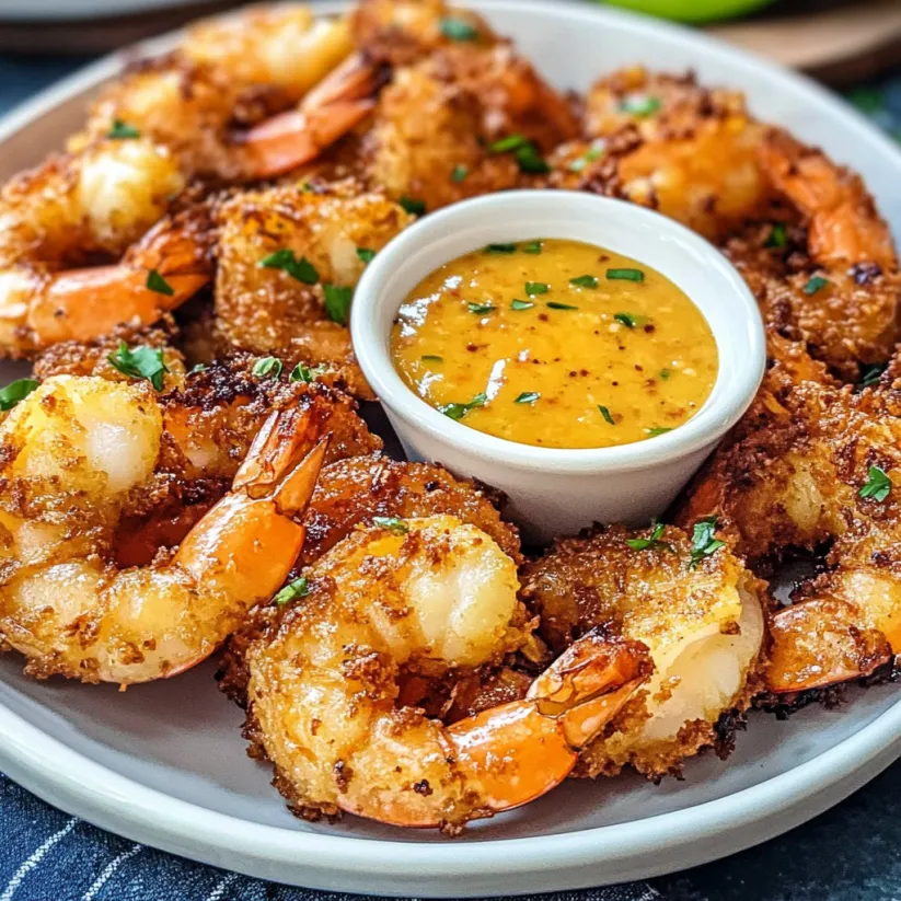 A plate of shrimp with a spicy mango dipping sauce.