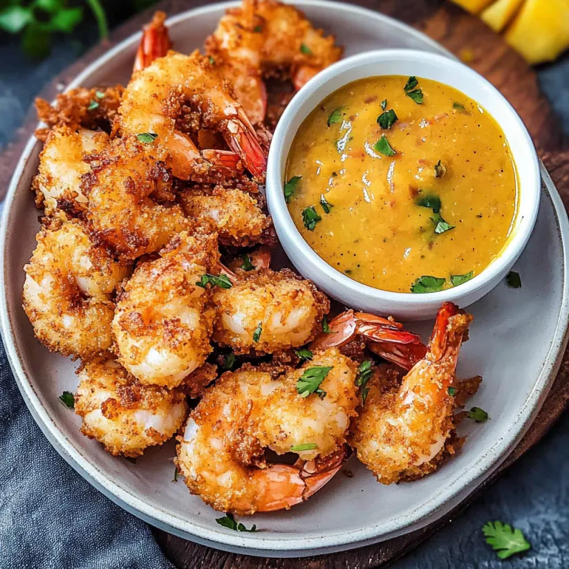 A plate of shrimp with a spicy mango dipping sauce.