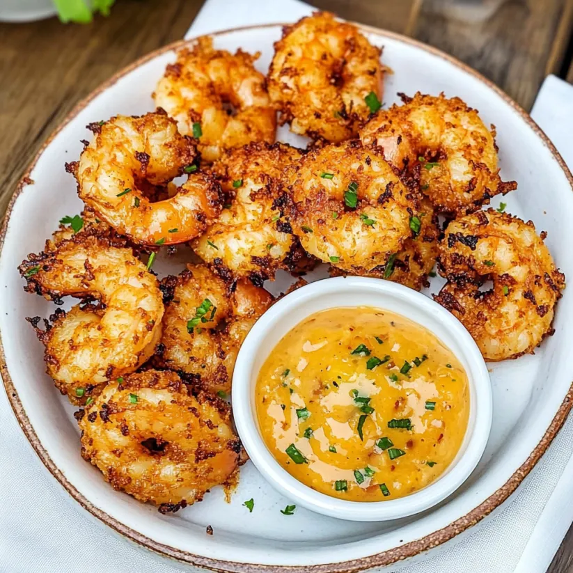 A plate of coconut shrimp with a spicy mango dipping sauce.