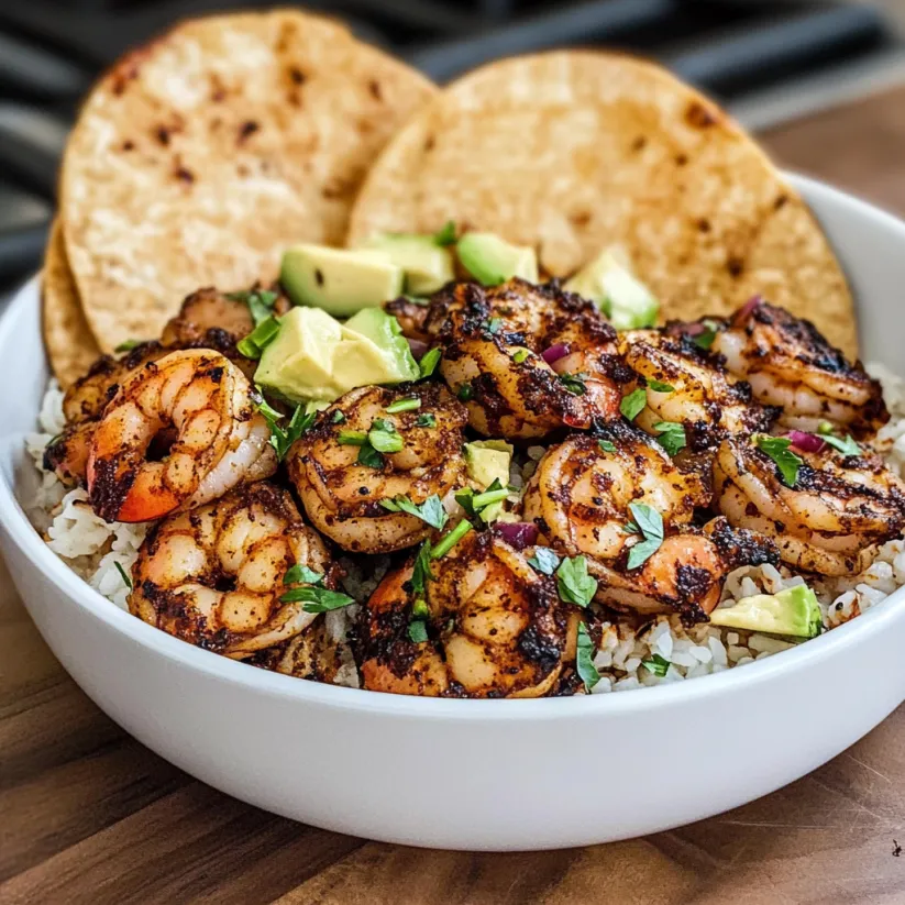 A bowl of blackened shrimp with rice and avocado.