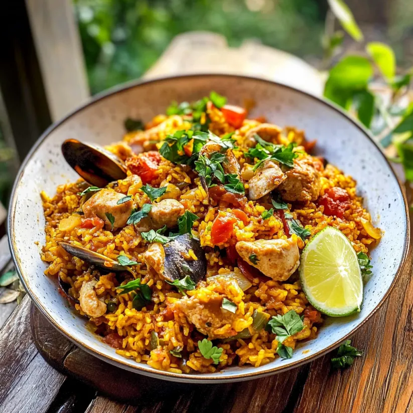 A bowl of paella with chicken, tomatoes, and herbs.