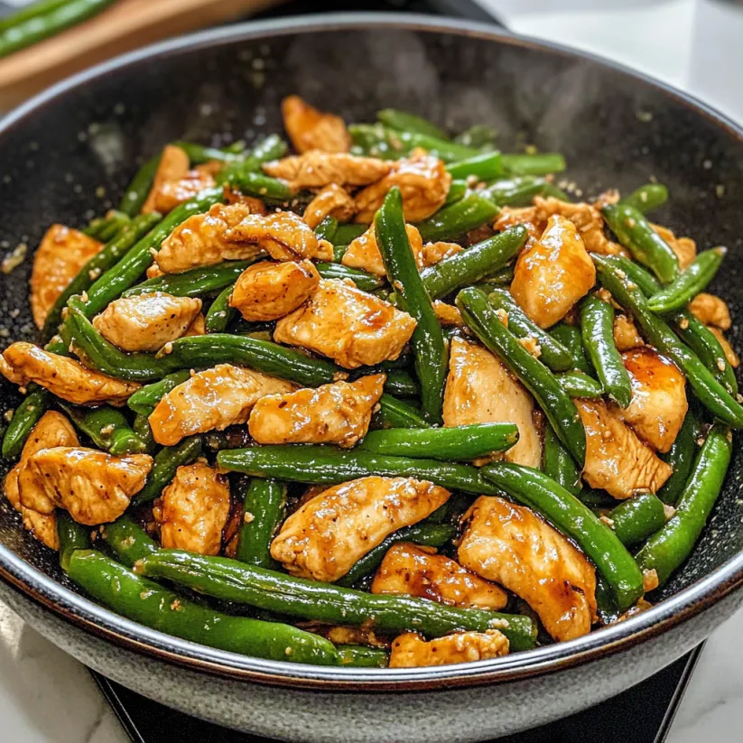 A bowl of chicken and green beans.