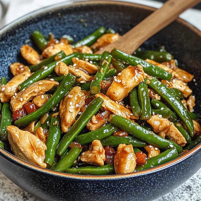 A bowl of chicken and green beans.