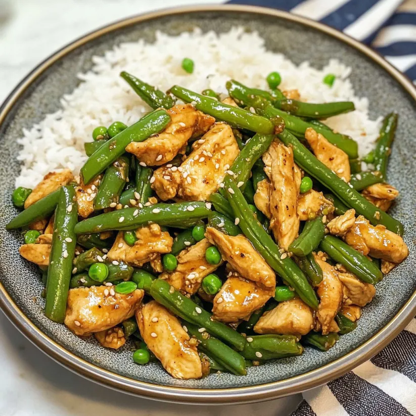 A plate of chicken and green beans.