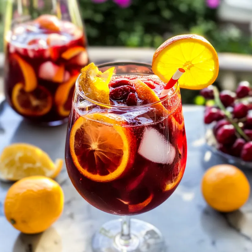 A glass of red sangria with orange slices and a straw.