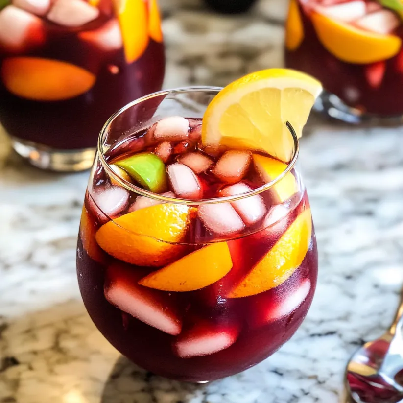 A glass of red sangria with a slice of lemon.