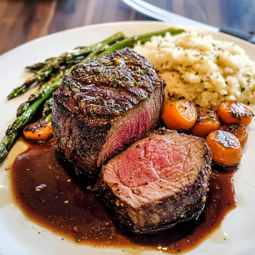 A piece of beef tenderloin on a plate.
