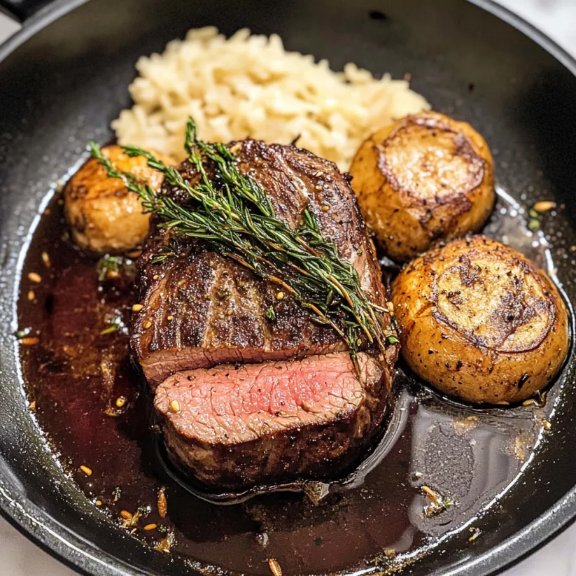 A beef tenderloin steak with potatoes and vegetables.