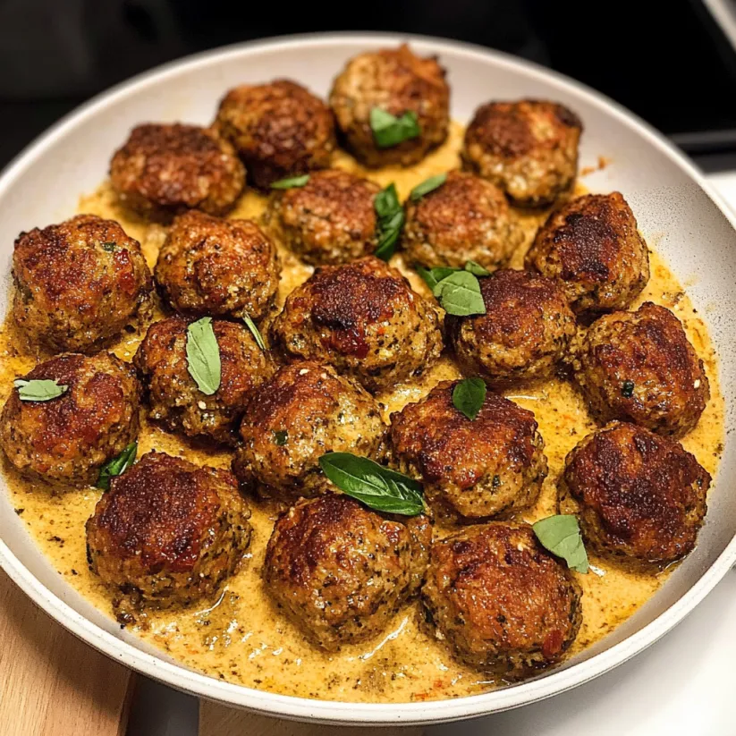A bowl of meatballs covered in a creamy sun-dried tomato pesto.
