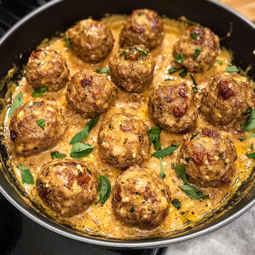 A pan of meatballs with a creamy sun-dried tomato pesto sauce.