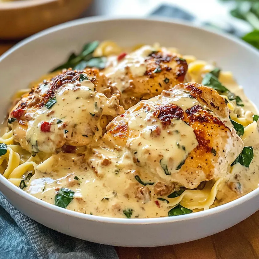 A bowl of creamy tuscan chicken with pasta.