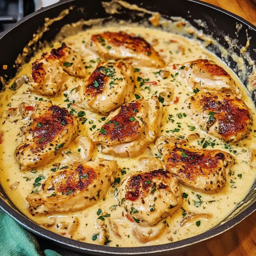 A pan of creamy Tuscan chicken.