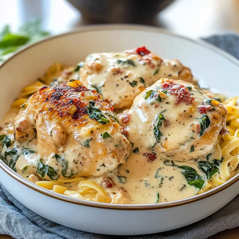 A bowl of creamy Tuscan chicken.