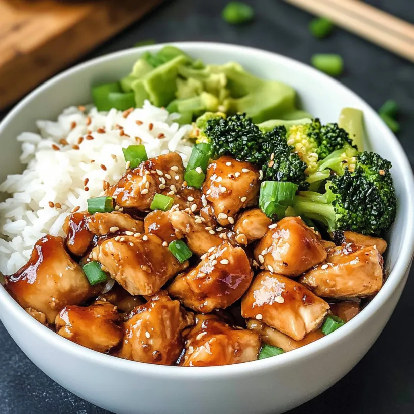 A bowl of teriyaki chicken with rice and broccoli.
