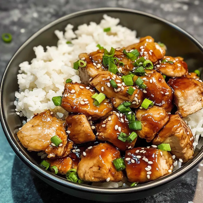 A bowl of rice and chicken with a brown sauce.