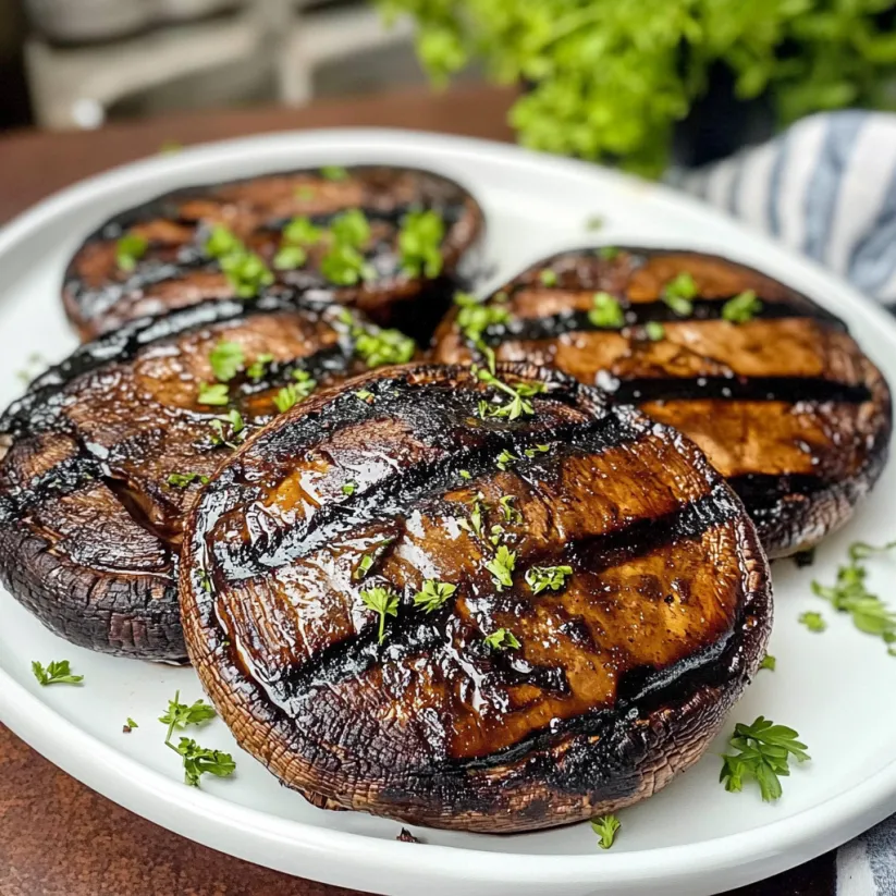 Grilled portobello mushrooms on a white plate.