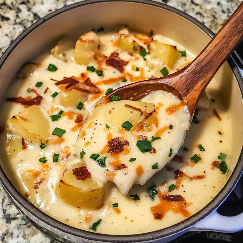 A wooden spoon is in a bowl of creamy potato soup.