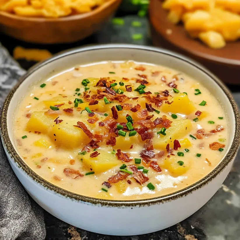 A bowl of creamy potato soup with bacon bits.