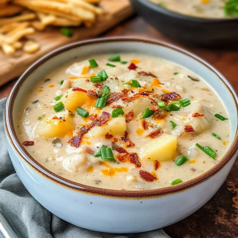 A bowl of creamy potato soup with bacon bits.