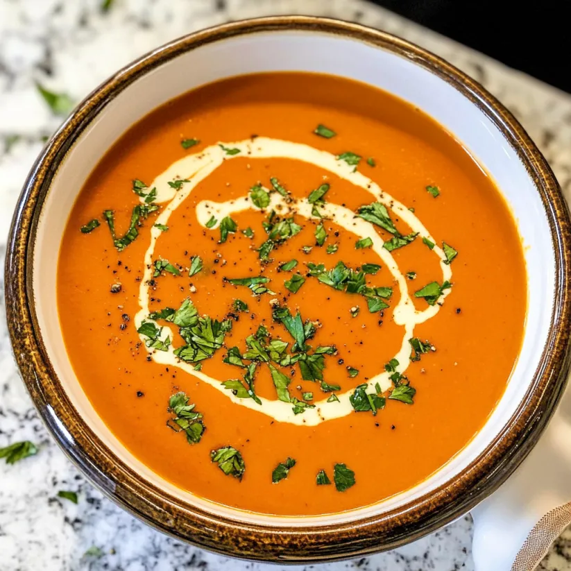 A bowl of tomato bisque with herbs on top.