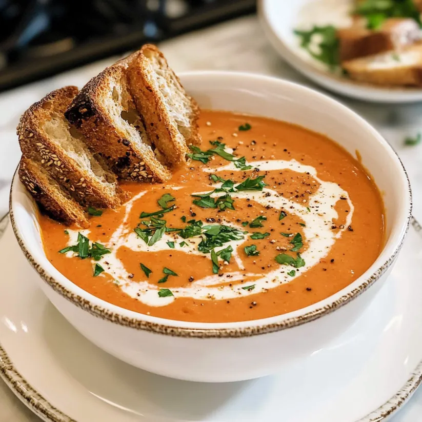 A bowl of tomato bisque with bread on top.