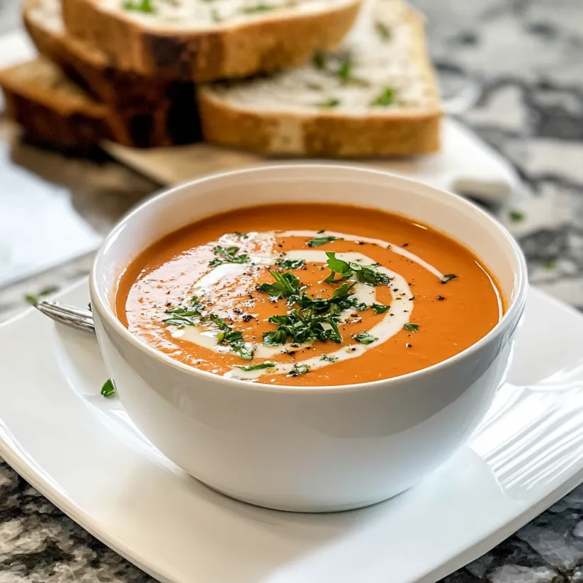 A bowl of tomato bisque with herbs on top.